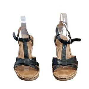 Born Tasia Black Leather T-strap Cork Wedge Women's Sandals Size 8